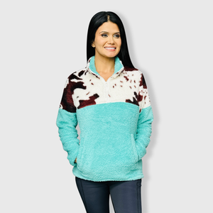 Sherpa Turquoise Brown Cow Pullover Women - $32.00