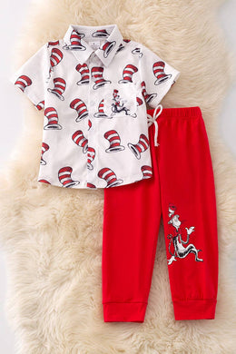 Cat in the.. printed button up short W/red joggers. $25.99