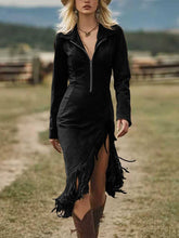 Load image into Gallery viewer, Suede Fringe Slim Fit Long Sleeve Dress - $46.00