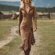 Load image into Gallery viewer, Suede Fringe Slim Fit Long Sleeve Dress - $46.00