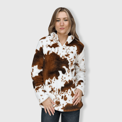 Cow Print Brown White Sherpa Pullover Women: 3X-Large