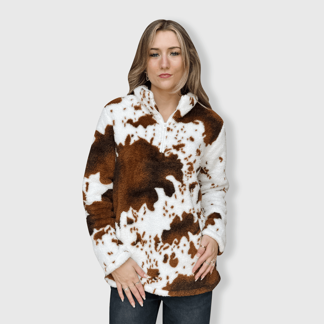 Cow Print Brown White Sherpa Pullover Women: 2X-Large