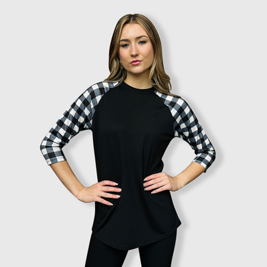 Plaid Raglan Black White Checkered with Transfer $26.99