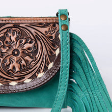 Load image into Gallery viewer, Leather Crossbody with Hand-Tooled Floral Flap &amp; Fringe - $51.00