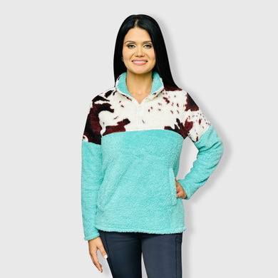 Sherpa Turquoise Brown Cow Pullover Women - $32.00