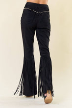 Load image into Gallery viewer, BLACK STUDDED FRINGED FAUX SUEDE PANTS - $66.00