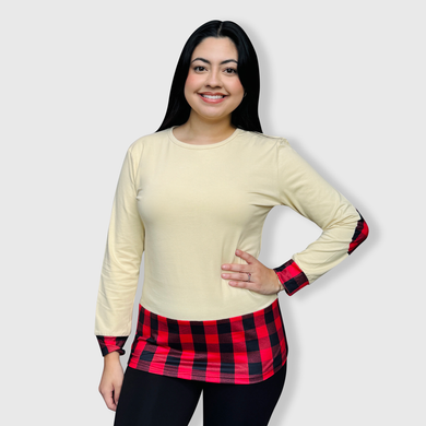 Color Block Beige Red Plaid Top - $26.99