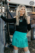 Load image into Gallery viewer, FORT WORTH FRINGE SKIRT TURQUOISE - $45.90