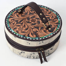 Load image into Gallery viewer, Hand-Tooled Round Hair-On Leather Jewelry Case Western Floral &amp; Turquoise Inlay - $220.00