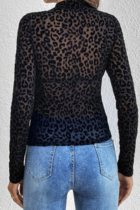 LEOPARD PRINT STAND COLLAR MESH BOTTOMING TOP - $18.35
