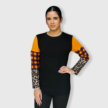 Load image into Gallery viewer, Color Block Cheetah Orange Plaid Top with Transfer $26.99