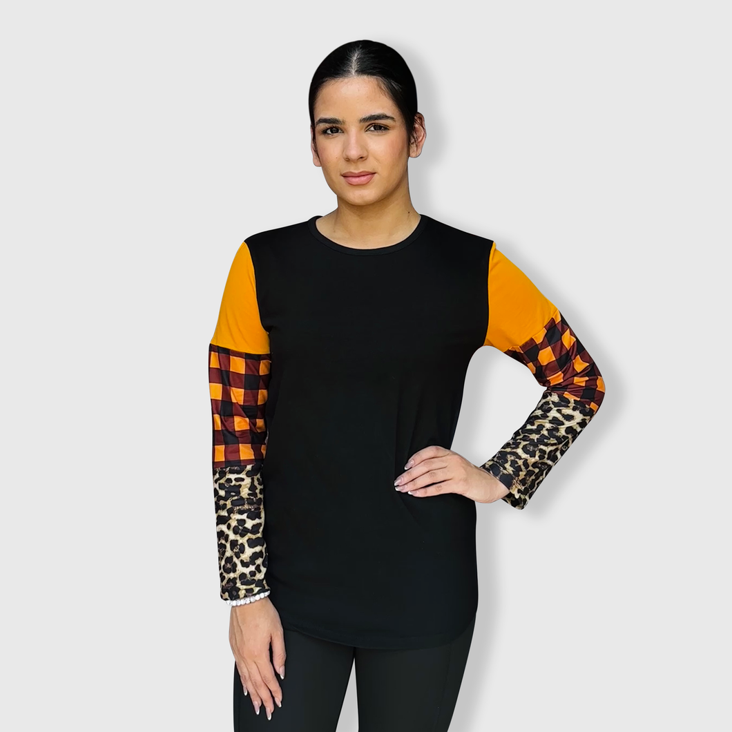 Color Block Cheetah Orange Plaid Top with Transfer $26.99
