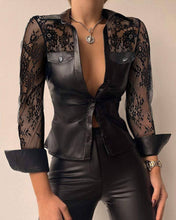 Load image into Gallery viewer, Contrast lace pu leather button down shirt - $29.99