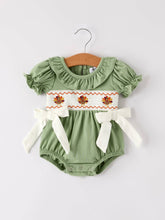 Load image into Gallery viewer, Fall Thanksgiving Chicken Smock Embroidered Green  Baby Girl Romper