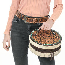 Load image into Gallery viewer, Hand-Tooled Round Hair-On Leather Jewelry Case Western Floral &amp; Turquoise Inlay - $220.00