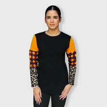 Load image into Gallery viewer, Color Block Cheetah Orange Plaid Top with Transfer $26.99