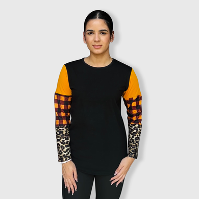 Color Block Cheetah Orange Plaid Top with Transfer $26.99