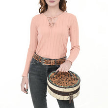 Load image into Gallery viewer, Hand-Tooled Round Hair-On Leather Jewelry Case Western Floral &amp; Turquoise Inlay - $220.00