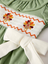 Load image into Gallery viewer, Fall Thanksgiving Chicken Smock Embroidered Green  Baby Girl Romper
