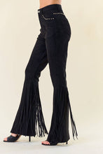 Load image into Gallery viewer, BLACK STUDDED FRINGED FAUX SUEDE PANTS - $66.00