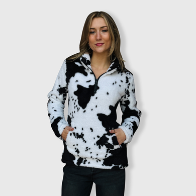 Cow Print Black White Sherpa Pullover Women: XLarge