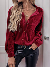 Load image into Gallery viewer, Solid Velvet Button-Up Lantern Sleeve Collared Blouse - $29.99