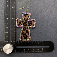 Load image into Gallery viewer, Rhinestone Leopard Print PU Leather Cross Dangle Earrings
