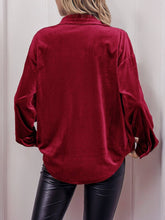 Load image into Gallery viewer, Solid Velvet Button-Up Lantern Sleeve Collared Blouse - $29.99