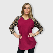 Load image into Gallery viewer, Cheetah Print Burgundy Raglan with Transfer $26.99