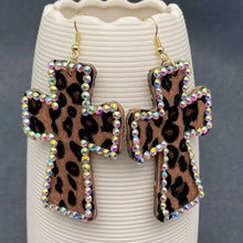Load image into Gallery viewer, Rhinestone Leopard Print PU Leather Cross Dangle Earrings
