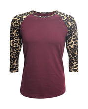 Load image into Gallery viewer, Cheetah Print Burgundy Raglan with Transfer $26.99