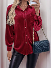 Load image into Gallery viewer, Solid Velvet Button-Up Lantern Sleeve Collared Blouse - $29.99