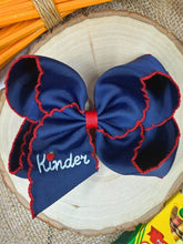 Load image into Gallery viewer, School Grade Embroidered Apple Moonstitch Bow