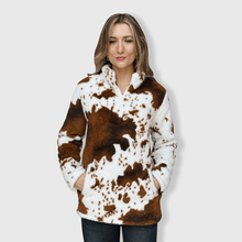Load image into Gallery viewer, Cow Print Brown White Sherpa Pullover Women: Medium - $39.99