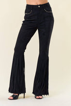 Load image into Gallery viewer, BLACK STUDDED FRINGED FAUX SUEDE PANTS - $66.00